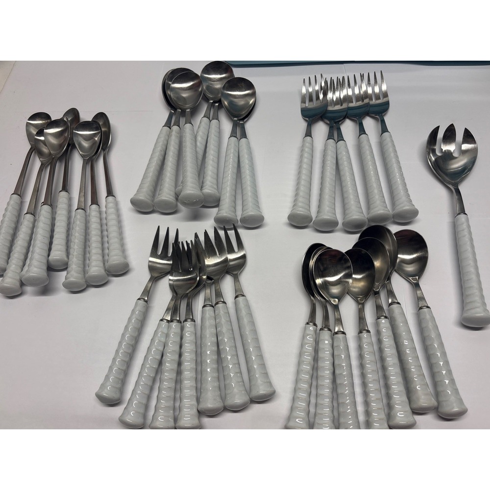 Vintage NORITAKE Japan 18-8 White Porcelain Handle 35 Piece‎ Flat/Silverware Set